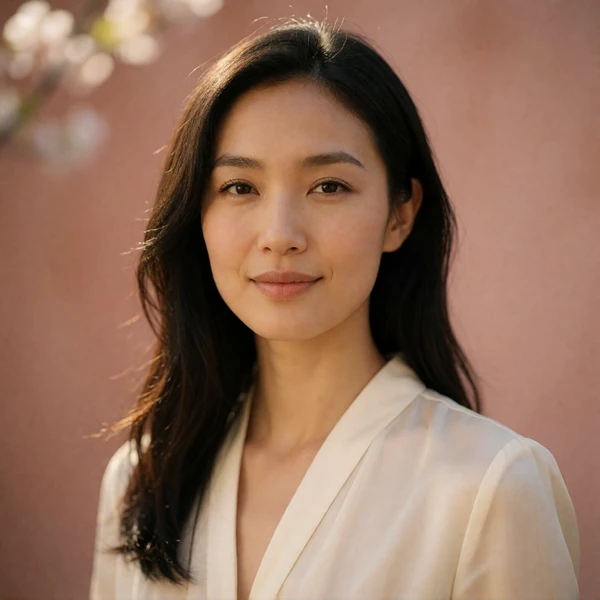 Verified Blossom Romance member in a cream blouse smiling warmly in soft daylight