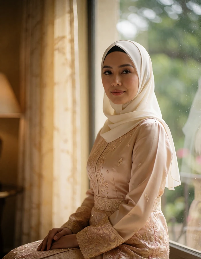 Elegant Bruneian woman in a cream baju kurung with an ivory headscarf seated beside a window with soft greenery outside