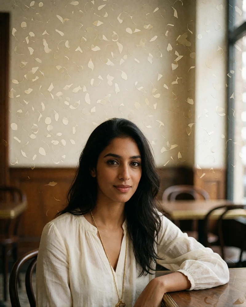 Confident Indian woman in an ivory blouse seated in a bright upscale café