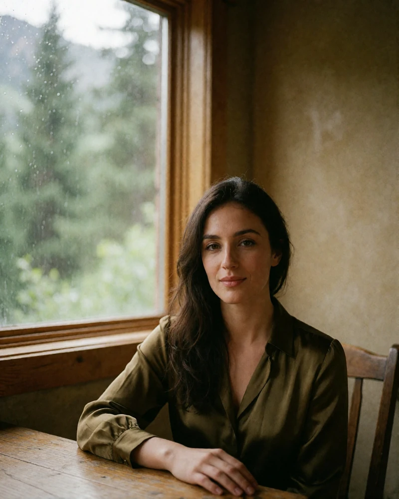 Calm confident Armenian woman in an olive silk blouse seated by a window in a quiet mountain lodge