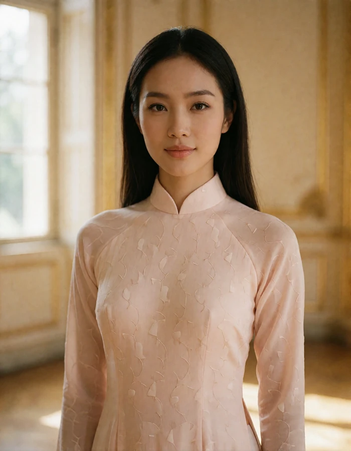 Vietnamese woman in a refined blush ao dai standing indoors with a calm confident smile