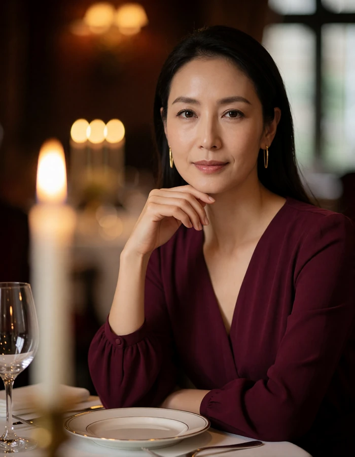 Japanese woman in an elegant wine-colored dress seated at a fine dining table with a composed smile