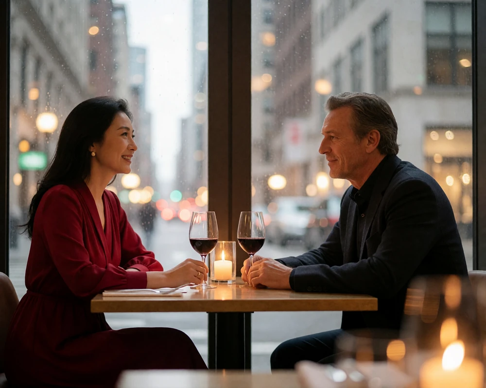 Couple seated at a candlelit table beside a restaurant window, smiling at each other in conversation