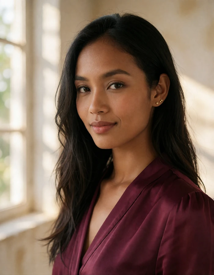 Smiling Timorese woman in her late twenties wearing a deep wine blouse, photographed against a sunlit plaster wall