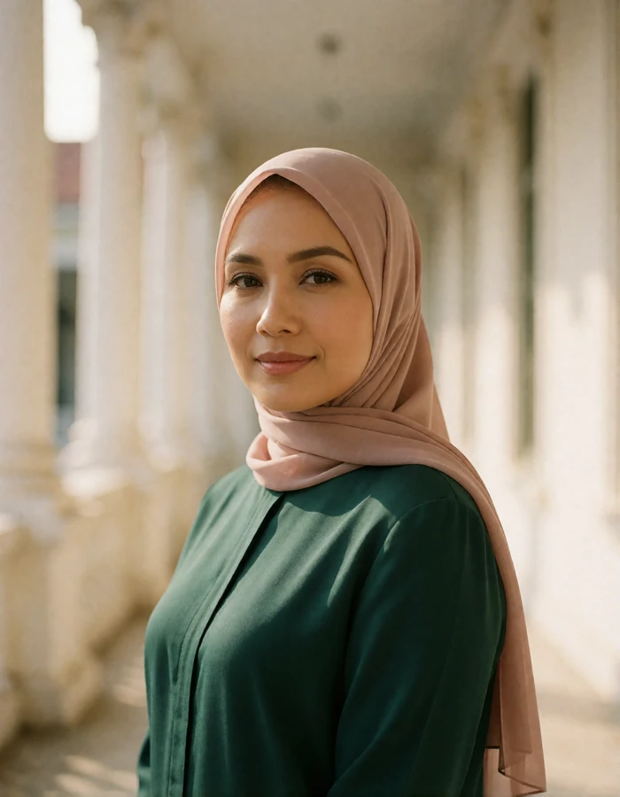 Elegant Malaysian woman in an emerald blouse and blush headscarf standing on a shaded colonial veranda