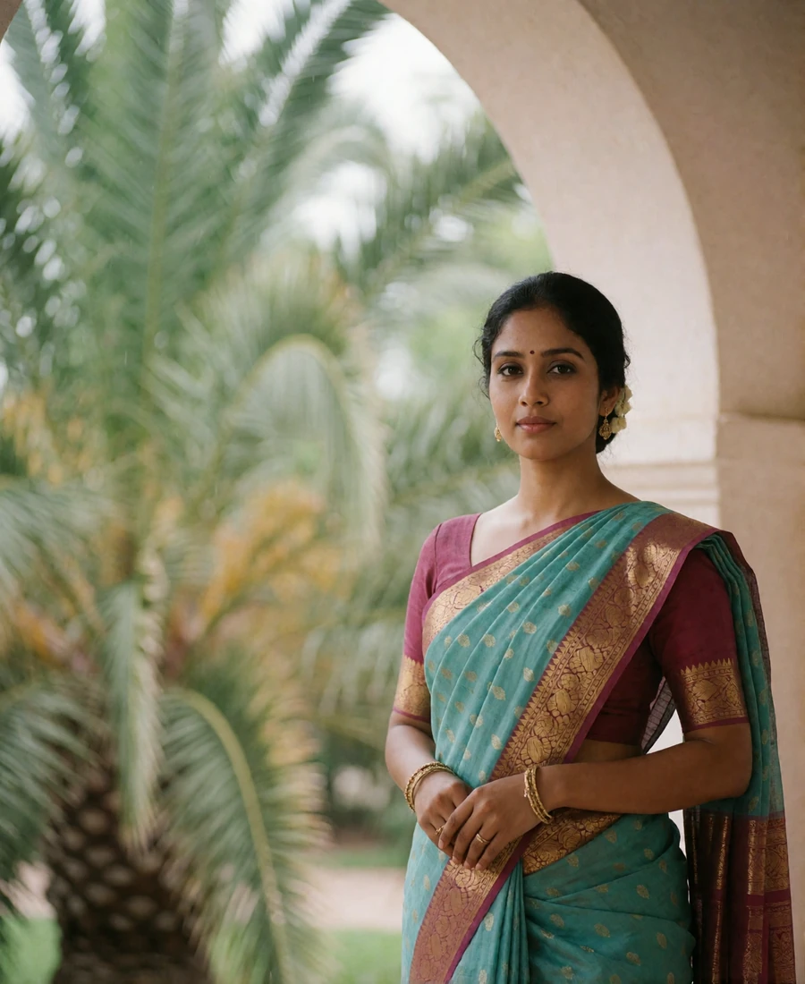 Composed Sri Lankan woman in a turquoise and gold-bordered sari standing beneath a veranda arch overlooking palm foliage