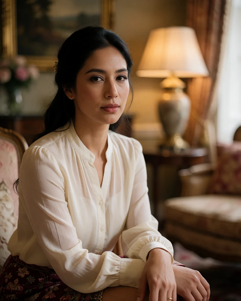 Graceful Nepali woman in an ivory blouse seated in a quiet boutique hotel lounge