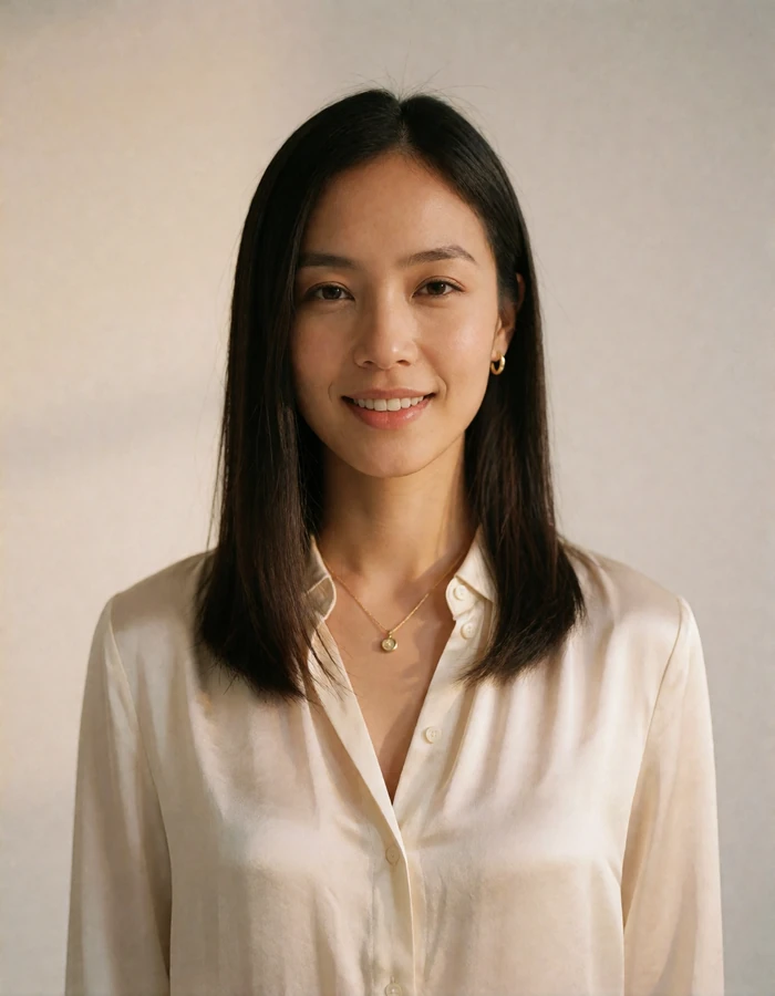 Filipina woman in a cream silk blouse against a plain warm studio backdrop with a sincere smile