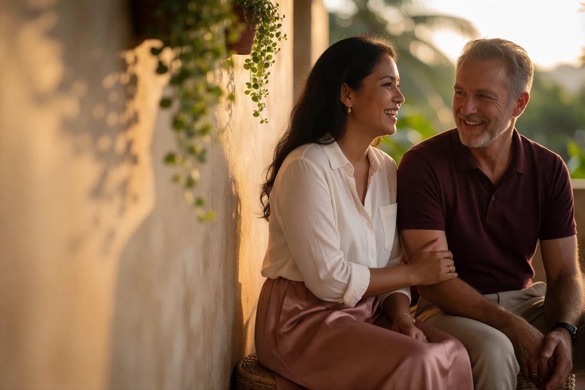 Couple sitting close together on a shaded terrace at sunset, sharing a quiet laugh