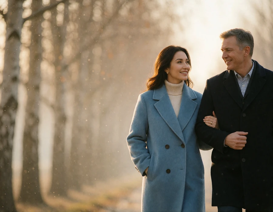 Kazakh woman in a soft blue wool coat walking arm in arm with an American man along a quiet tree-lined avenue