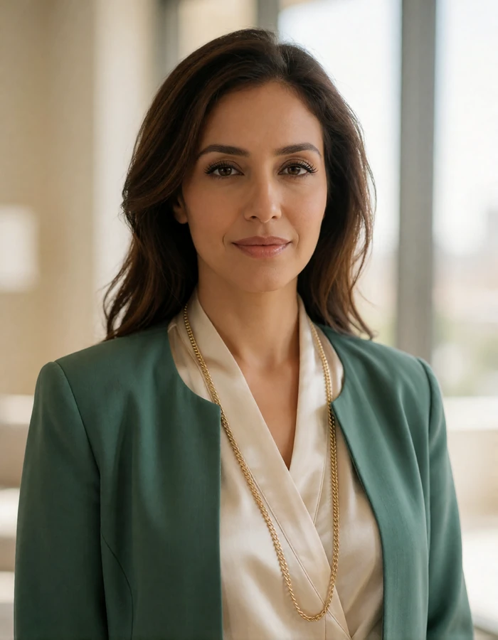 Yemeni woman in a muted emerald jacket giving a calm confident smile in a bright modern interior