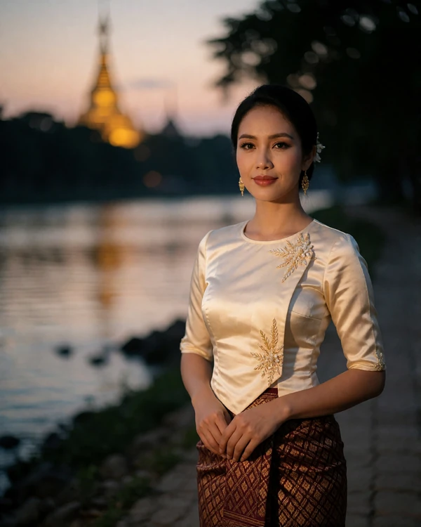 Elegant Burmese woman in an ivory silk top standing on a riverside walkway at dusk