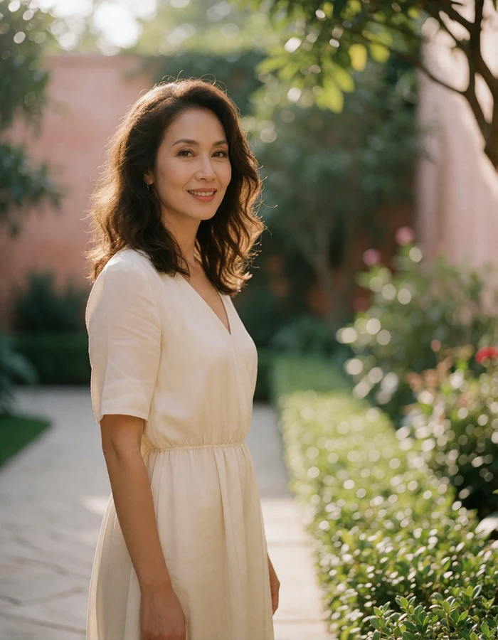 Vietnamese woman in a soft ivory dress standing in a tranquil garden courtyard