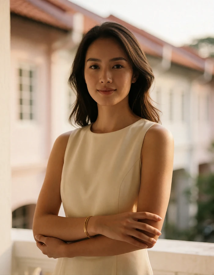 Graceful Singaporean woman in a cream dress standing on a shaded terrace near shophouse architecture