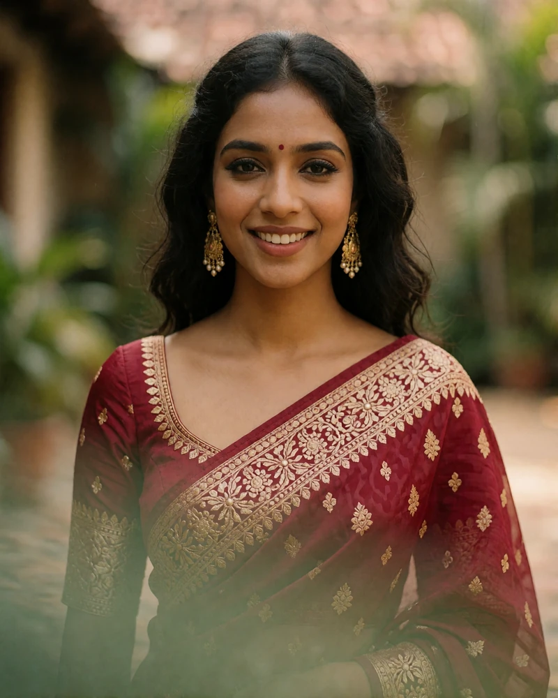 Smiling Sri Lankan woman in a wine-red sari blouse with delicate gold earrings photographed in a warmly blurred tropical courtyard