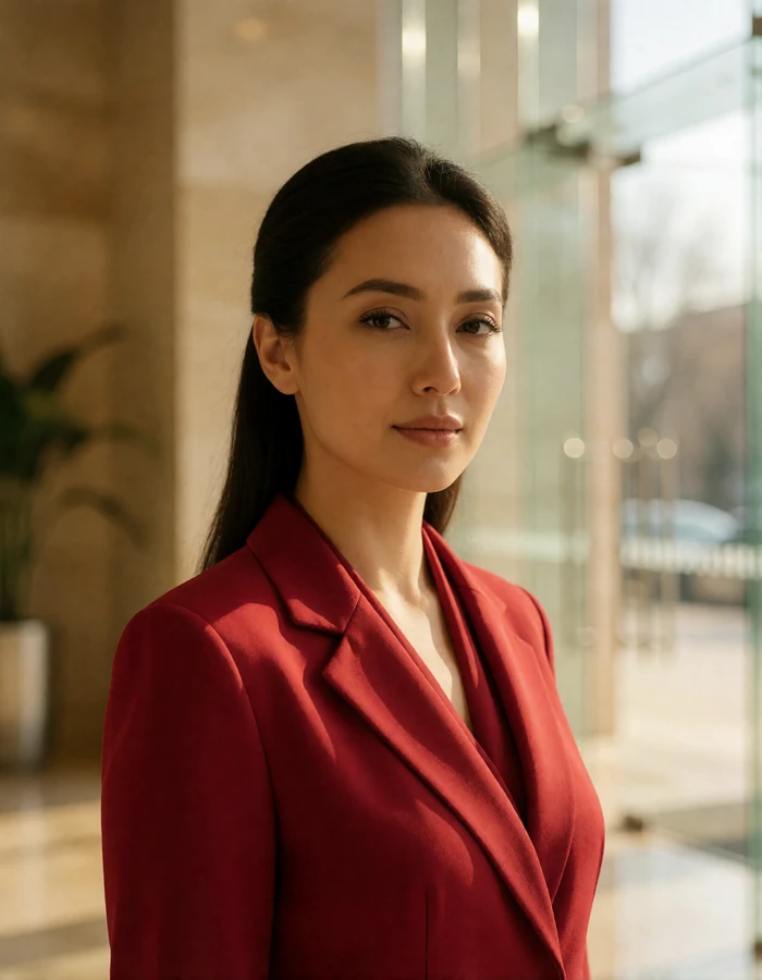 Poised Kazakh woman in a deep red tailored blouse standing in a modern lobby in Astana