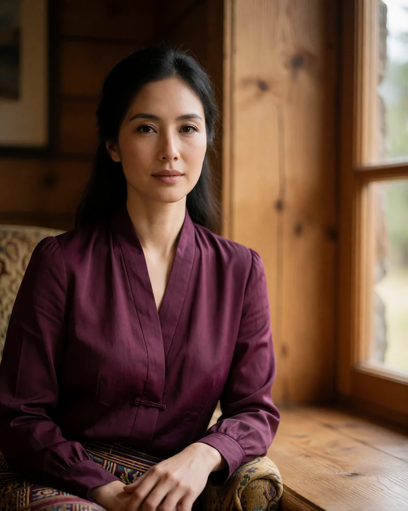 Graceful Bhutanese woman in a plum-toned blouse seated in a warm timber lodge lounge beside a window