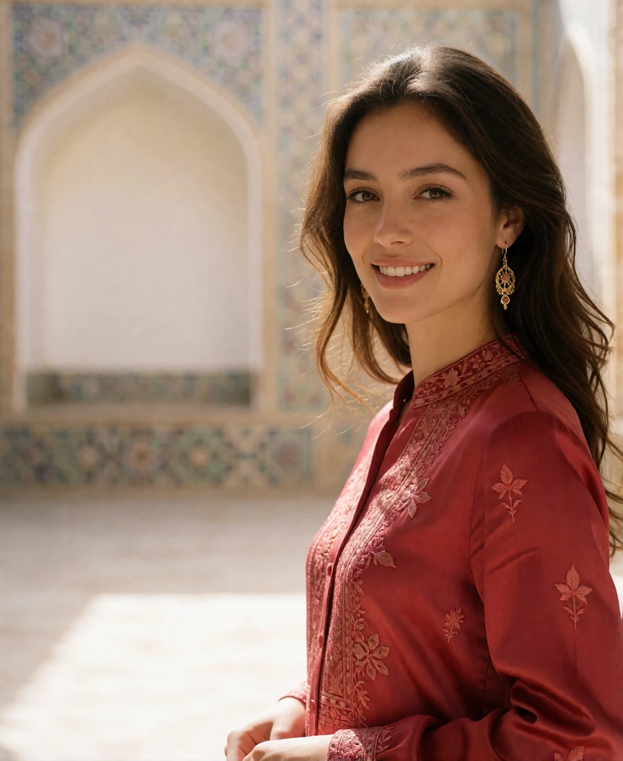 Elegant Uzbek woman in a deep red silk blouse standing in a sunlit courtyard with softly blurred tilework behind her
